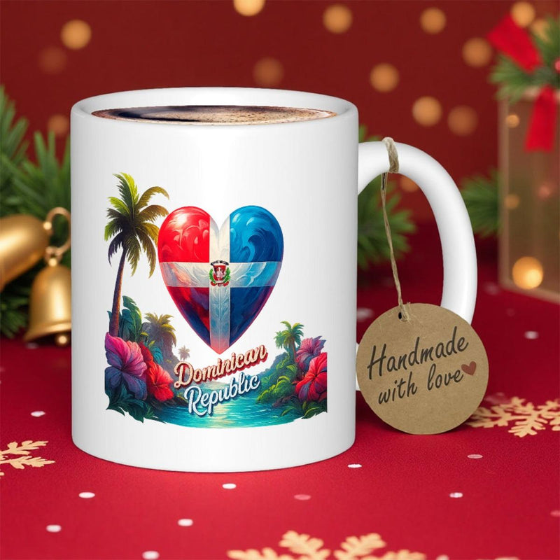 Tailorly White Ceramic 11 oz Mug - Dominican Republic Tropical Palm Tree Standing Beside Vibrant Flag Filled Heart Coastal Scenery Heart
