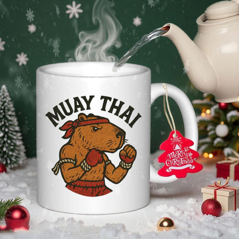 Tailorly White Ceramic 11 oz Mug - Muay Thai Strong Muscular Brown Animal Wearing Red Boxing Gear In Fighting Stance Capybara