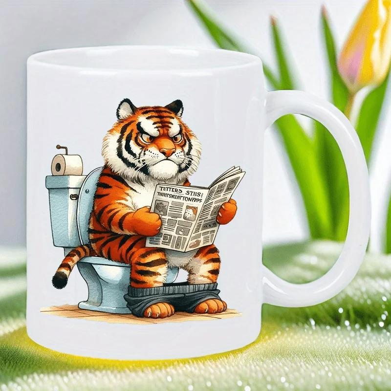 Tailorly White Ceramic 11 oz Mug - Humorous Cartoon Tiger Sitting On Toilet And Reading Newspaper Tiger