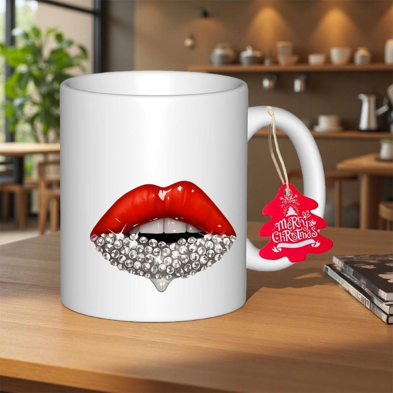 Tailorly White Ceramic 11 oz Mug - Merry Christmas Vibrant Glossy Red With Sparkling Luxury Diamond Texture Elegant Lips