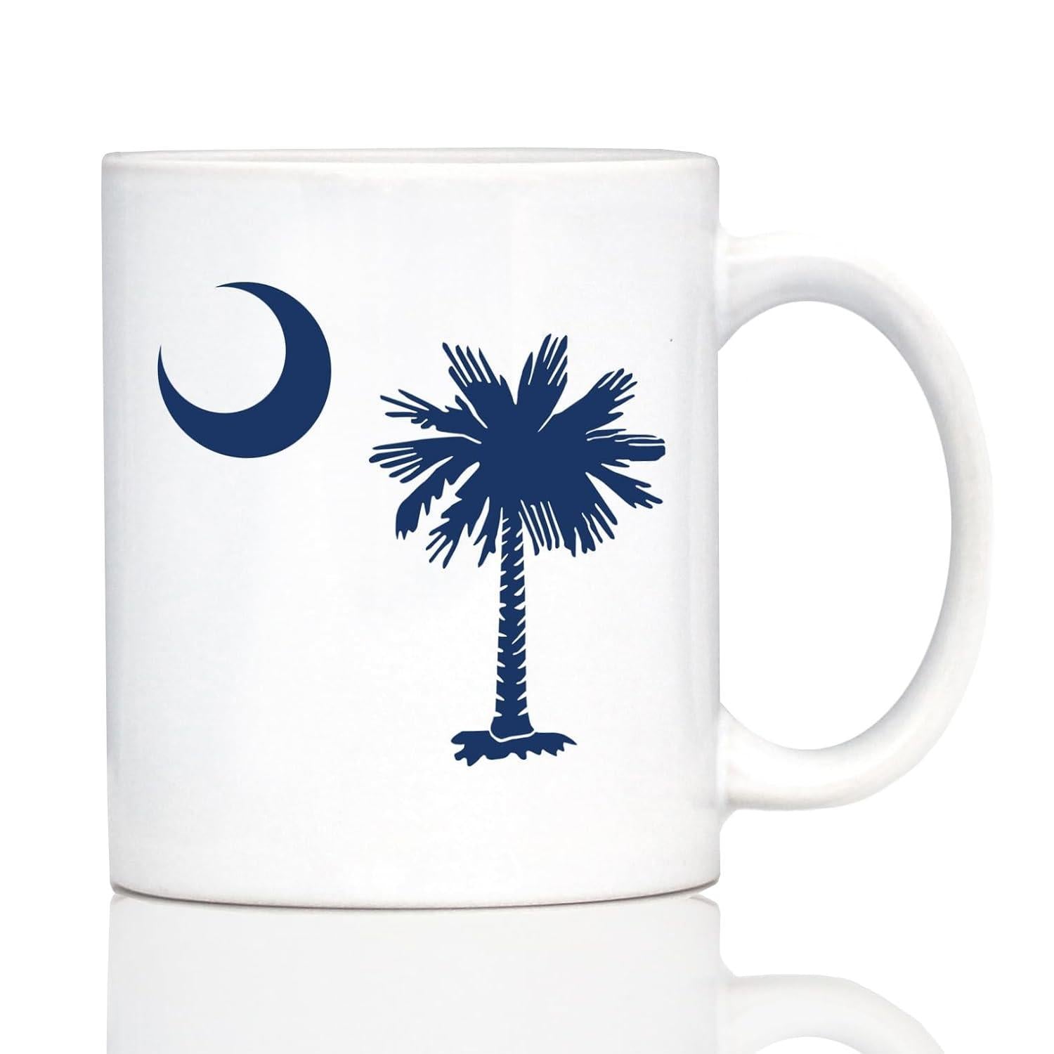 Tailorly White Ceramic 11 oz Mug - Detailed Dark Blue Crescent Moon Standing Beside A Coastal Palmetto Tree
