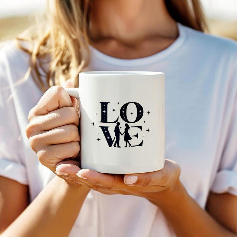 Tailorly White Ceramic 11 oz Mug - Love Romantic Silhouette Of Two Lovers Holding Hands Within Large Bold Decorative Serif Letters Couple