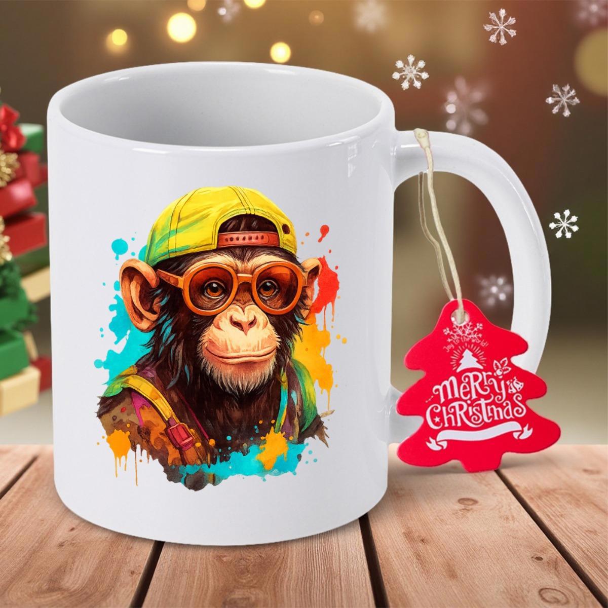 Tailorly White Ceramic 11 oz Mug - Merry Christmas Colorful Streetwear Style Artistic Ape With Sunglasses And Cap Monkey