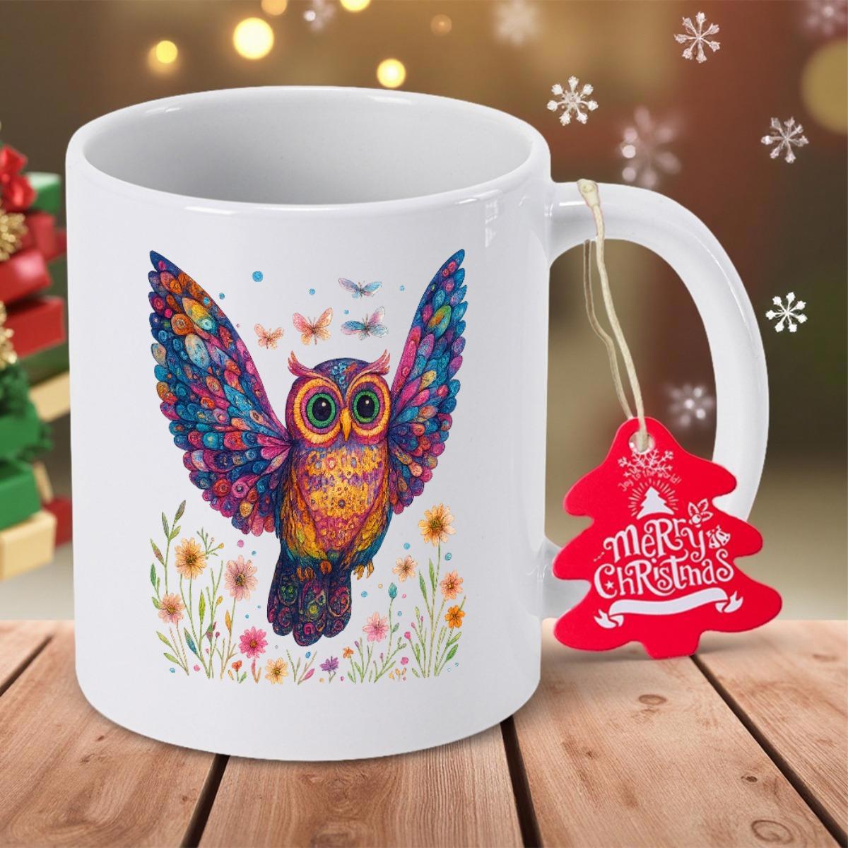 Tailorly White Ceramic 11 oz Mug - Merry Christmas Vibrant Artistic With Multi Colored Wings Flying Over Small Blossoming Flowers Owl
