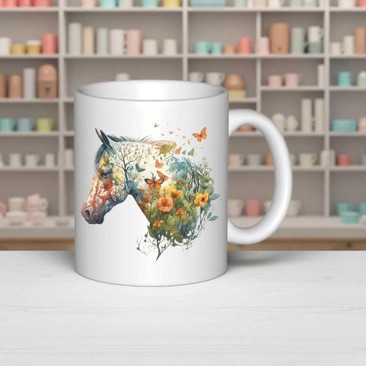 Tailorly White Ceramic 11 oz Mug - Watercolor Horse Head Silhouette Filled With Vibrant Blooming Spring Flowers Horse