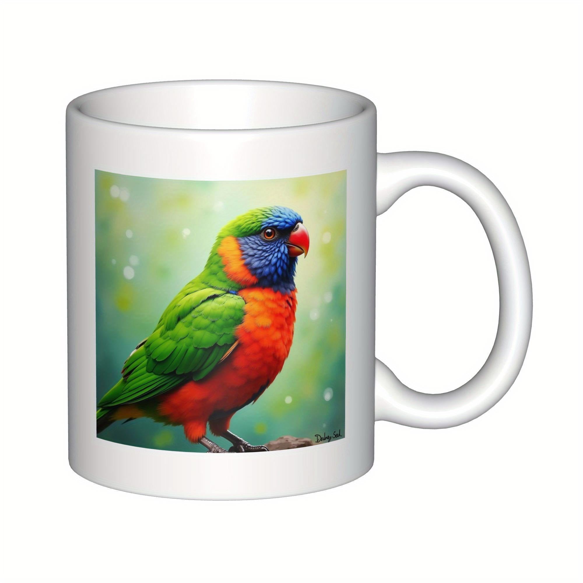 Tailorly White Ceramic 11 oz Mug - Vibrant Rainbow Lorikeet Perching In A Lush Green Soft Focus Garden Bird