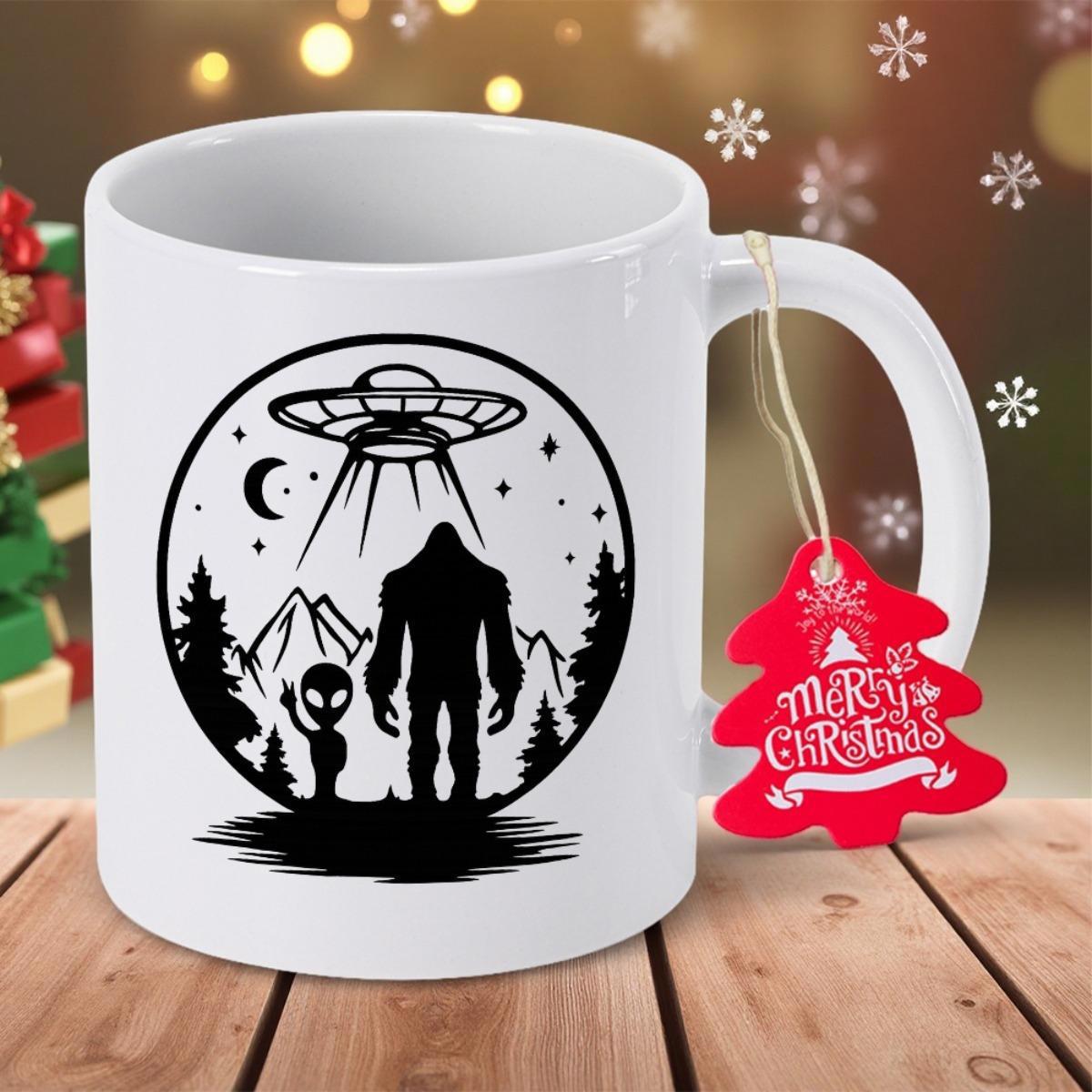 Tailorly White Ceramic 11 oz Mug - Mysterious Grey Alien And Bigfoot Standing Under A Flying Saucer UFO