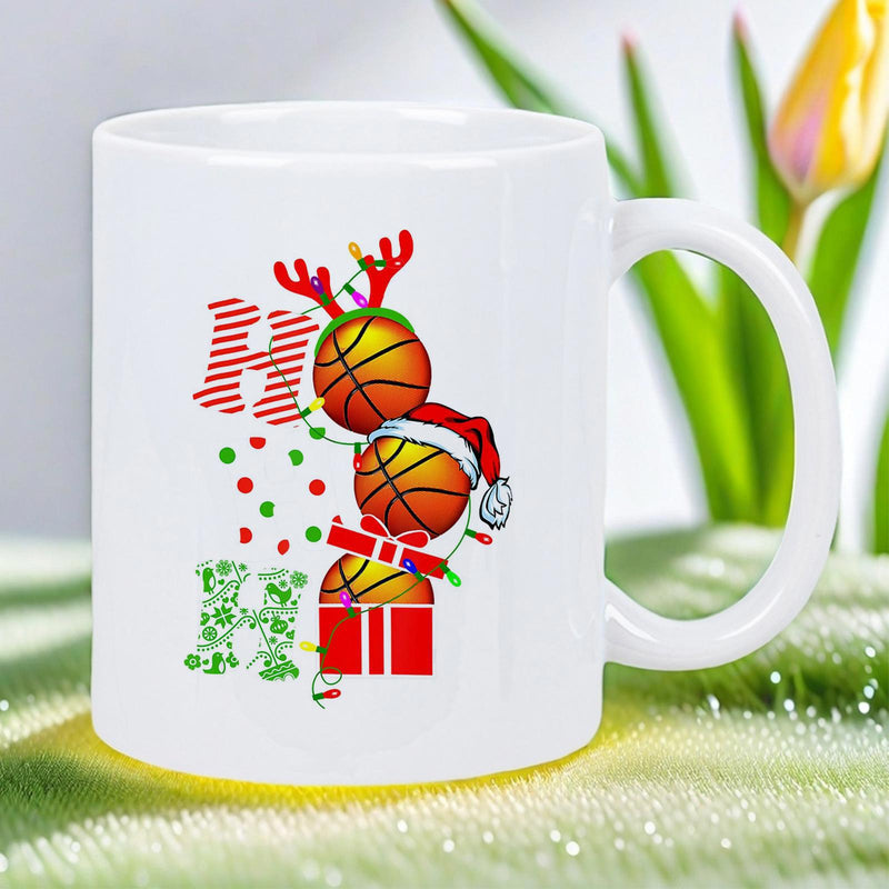 Tailorly White Ceramic 11 oz Mug - Ho Ho Ho Festive Christmas Themed Stacked Basketballs With Reindeer Antlers And Santa Hat Basketball