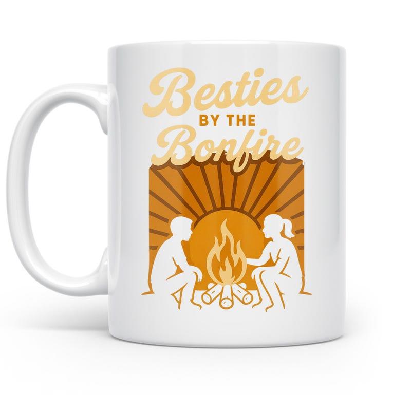 Tailorly White Ceramic 11 oz Mug - Besties By The Bonfire Two Silhouettes Sitting Together Around A Glowing Radiant Outdoor Bonfire