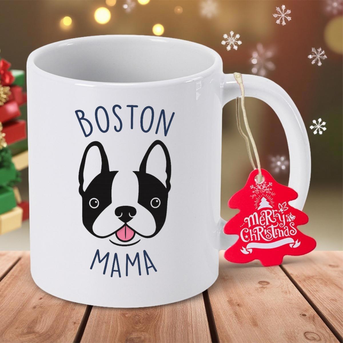 Tailorly White Ceramic 11 oz Mug - Boston Mama Minimalist Black And White Illustration Of A Friendly Dog Face Boston Terrier