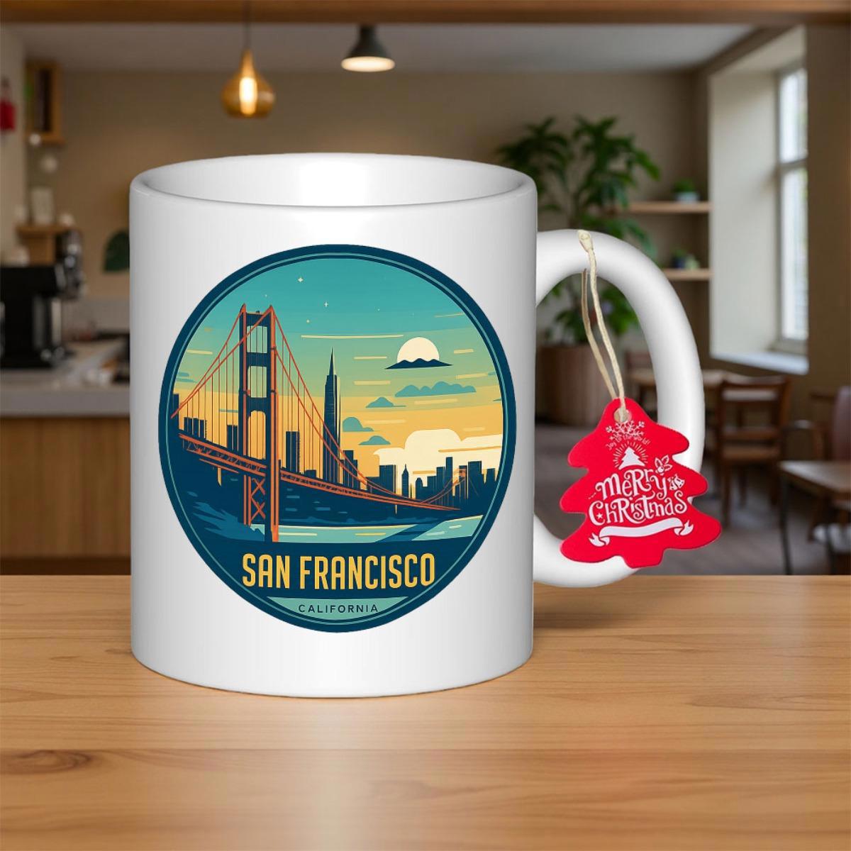 Tailorly White Ceramic 11 oz Mug - San Francisco California Vintage Circular Illustration Depicting Golden Gate Bridge And City Skyline