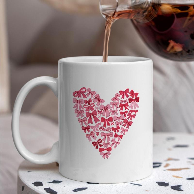 Tailorly White Ceramic 11 oz Mug - Romantic Decorative Pattern Composed Of Pink And Red Watercolor Ribbons Heart