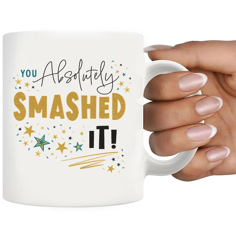 Tailorly White Ceramic 11 oz Mug - You Absolutely Smashed It Twinkling Golden And Colorful Stars Scattered Around A Bold Slogan Mug