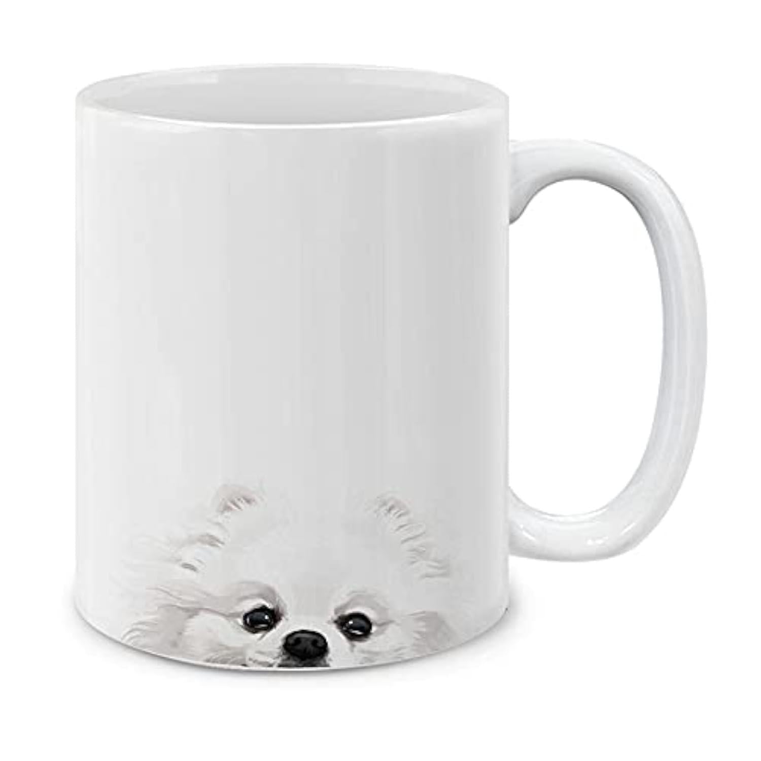 Tailorly White Ceramic 11 oz Mug - Adorable Fluffy White Dog Peeking From Bottom Of The Ceramic