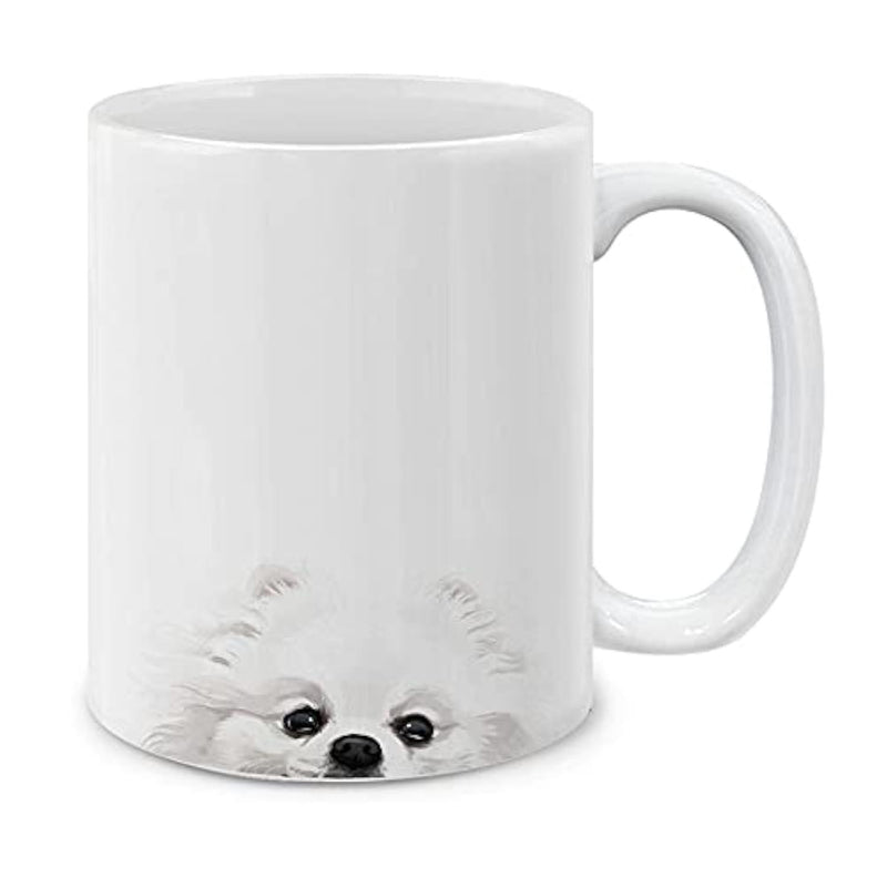 Tailorly White Ceramic 11 oz Mug - Adorable Fluffy White Dog Peeking From Bottom Of The Ceramic