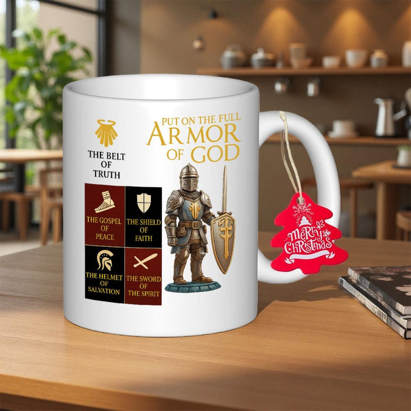 Tailorly White Ceramic 11 oz Mug - Armor Of God Medieval Warrior Standing In Full Shining Metallic Suit Of Plate Knight