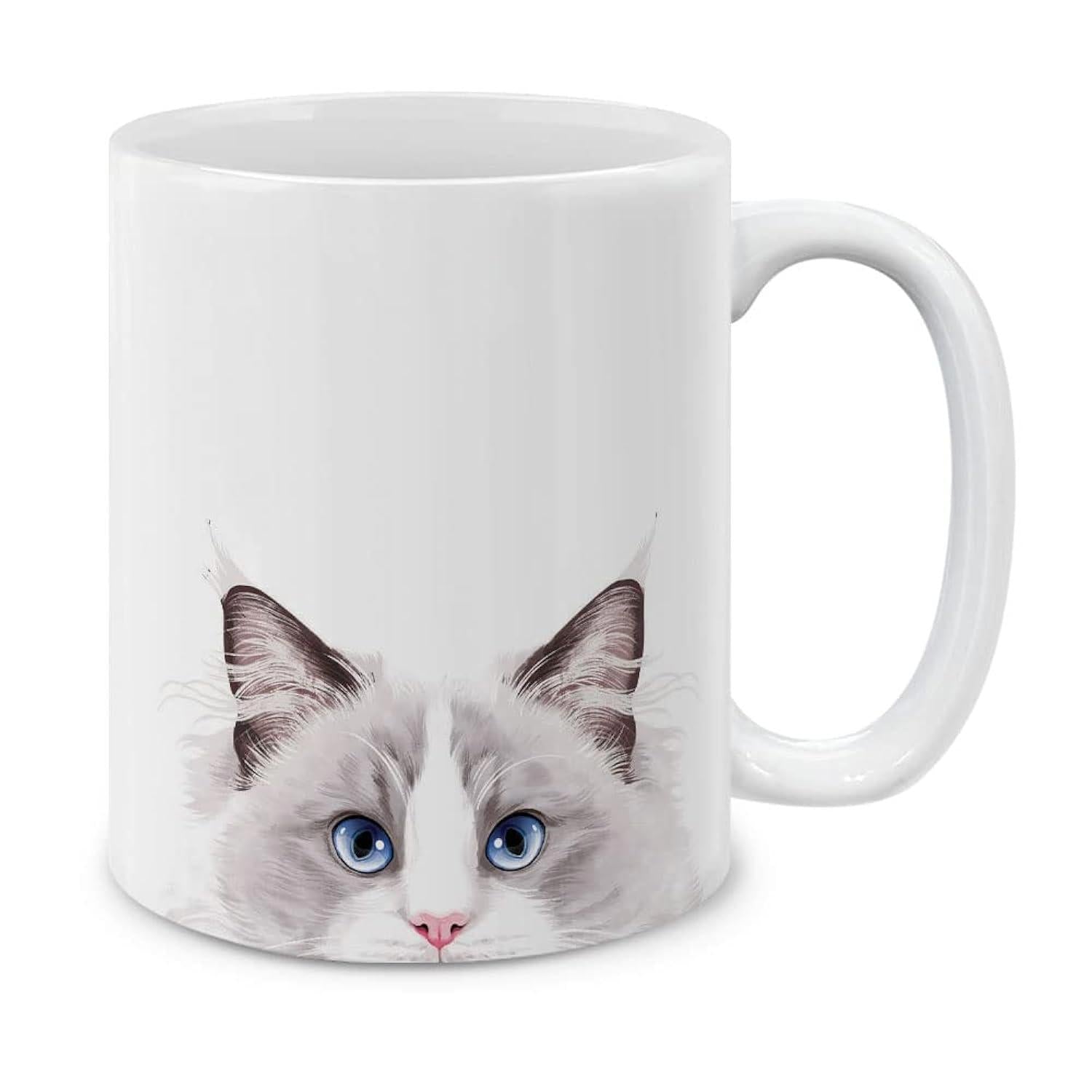 Tailorly White Ceramic 11 oz Mug - Realistic Fluffy Ragdoll Face With Captivating Blue Eyes Peeking Up Cat