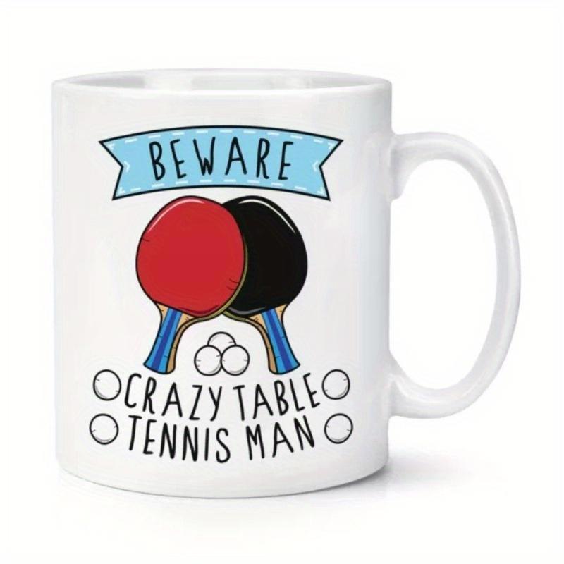 Tailorly White Ceramic 11 oz Mug - Beware Crazy Table Tennis Man Vibrant Red And Black Crossed Paddles Featuring Small White Balls Paddle