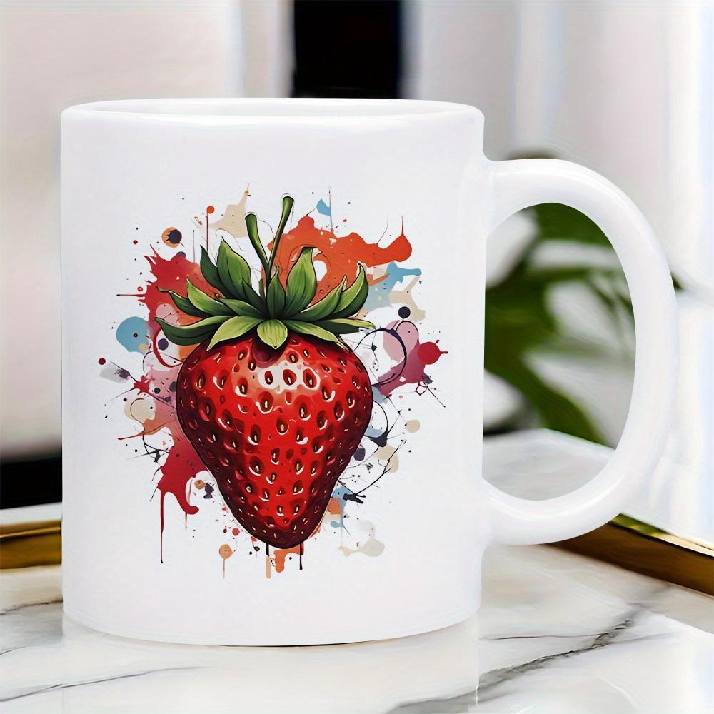 Tailorly White Ceramic 11 oz Mug - Vibrant Watercolor Splatter Design Featuring A Fresh Juicy Red Ripened Summer Strawberry