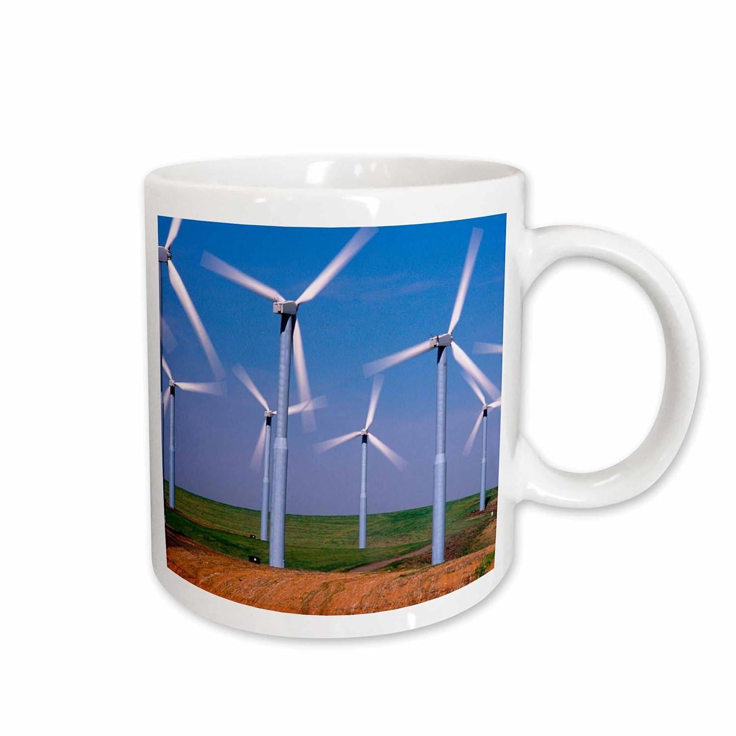 Tailorly White Ceramic 11 oz Mug - Graceful White Wind Turbines Standing Among The Vast Green Grassy Field Windmill