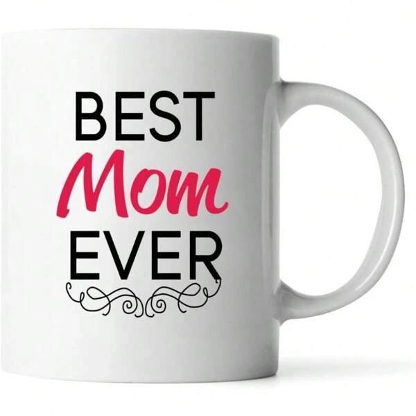 Tailorly White Ceramic 11 oz Mug - Best Mom Ever Minimalist Decorative Scroll Line Art Underneath Elegant Script Lettering Design
