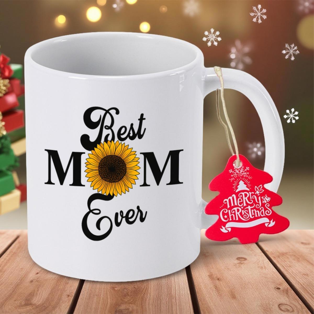 Tailorly White Ceramic 11 oz Mug - Best Mom Ever Vibrant Yellow Petals Blooming In Summer Sun With Brown Center Sunflower