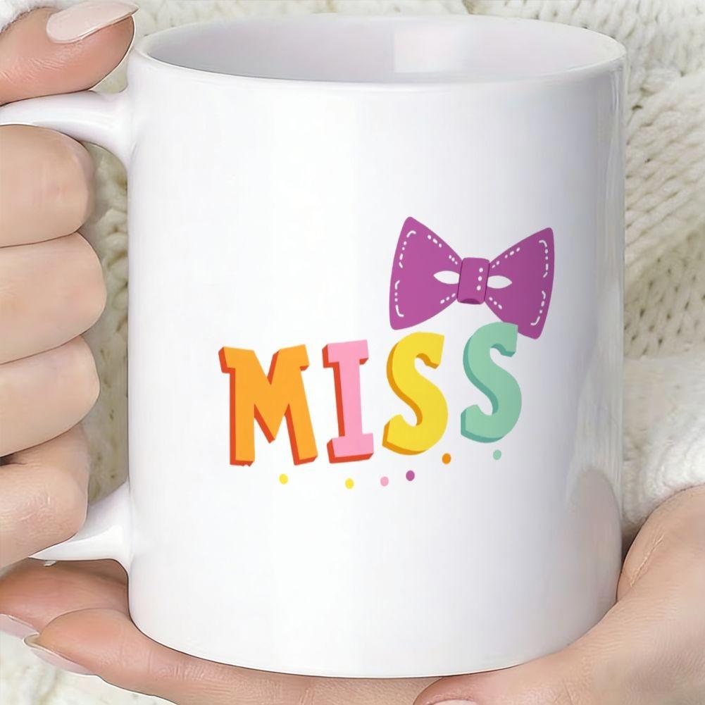 Tailorly White Ceramic 11 oz Mug - Miss Colorful Playful Blocky Letters With A Cute Purple Bow Mug