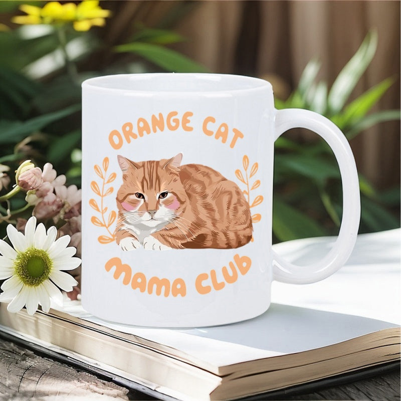 Tailorly White Ceramic 11 oz Mug - Orange Cat Mama Club Adorable Ginger Tabby Feline Resting Peacefully Among Dainty Leaves Cat