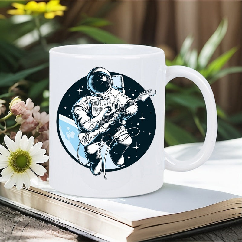 Tailorly White Ceramic 11 oz Mug - Playing Electric Guitar Floating Among Glowing Stars In Circular Space Background Astronaut
