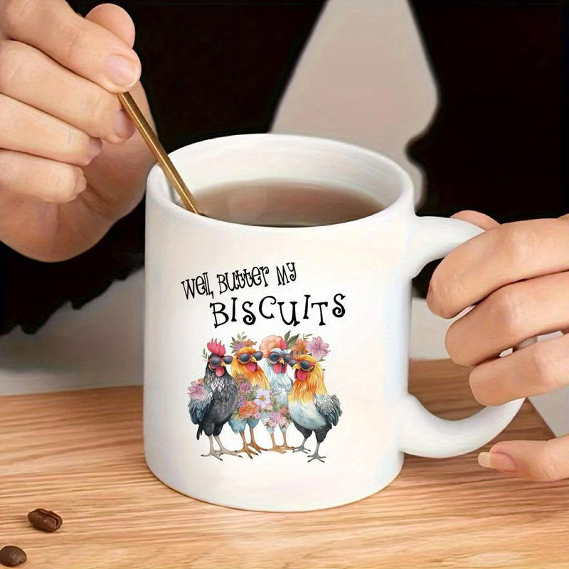 Tailorly White Ceramic 11 oz Mug - Well Butter My Biscuits Hand Painted Watercolor Chickens Wearing Vibrant Flower Crowns Standing Together Chicken