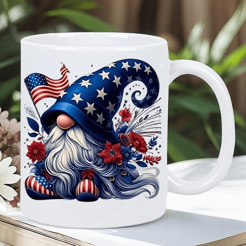 Tailorly White Ceramic 11 oz Mug - Patriotic Festive Garden With Stars And Stripes Hat Holding American Flag Gnome
