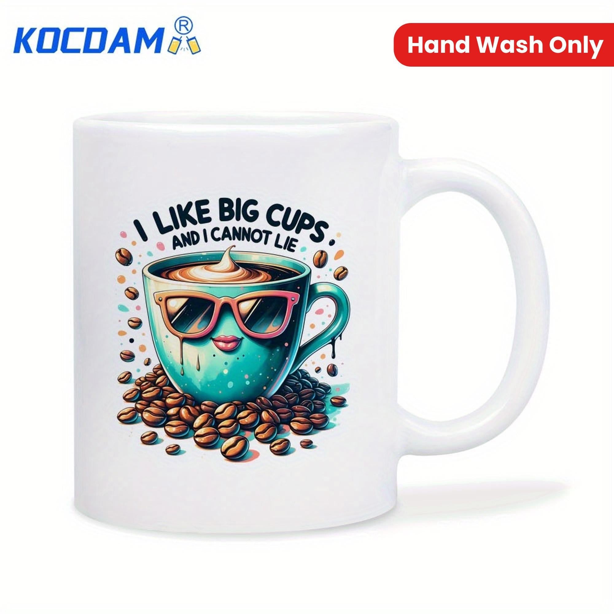 Tailorly White Ceramic 11 oz Mug - I Like Big Cups And I Cannot Lie Stylized Teal Coffee Cup Wearing Sunglasses Resting On Coffee Beans Cup
