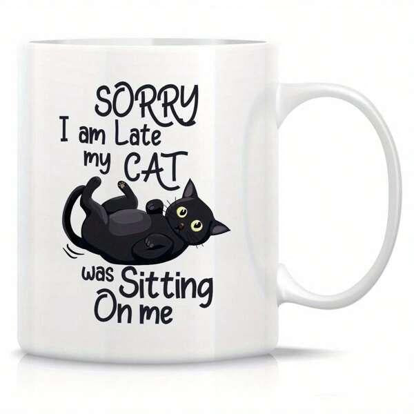 Tailorly White Ceramic 11 oz Mug - Sorry I Am Late My Cat Was Sitting On Me Playful Cartoon Feline Resting On Its Back With Big Curious Eyes Cat