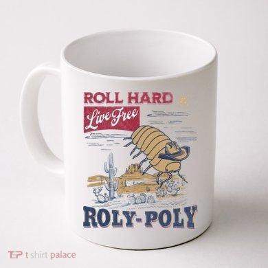 Tailorly White Ceramic 11 oz Mug - Roll Hard Live Free Roly Poly Vintage Cartoon Style Wearing Cowboy Hat In Desert Isopod