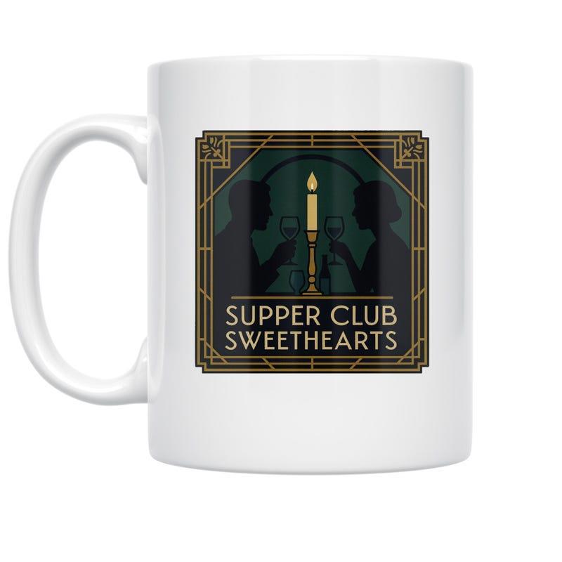 Tailorly White Ceramic 11 oz Mug - Supper Club Sweethearts Elegant Art Deco Frame Featuring Couple Dining By Candlelight Silhouette