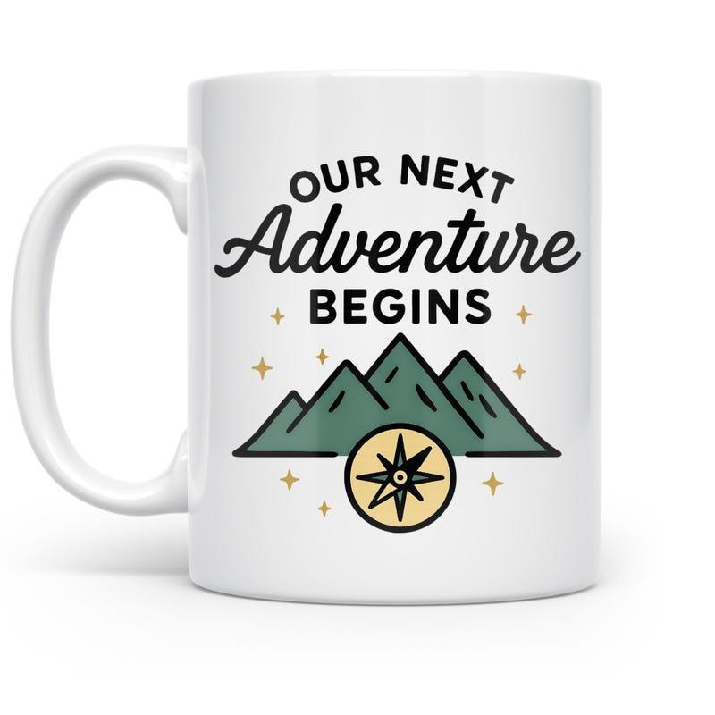 Tailorly White Ceramic 11 oz Mug - Our Next Adventure Begins Hand Drawn Peaks With Compass Rose Under Golden Stars Mountain