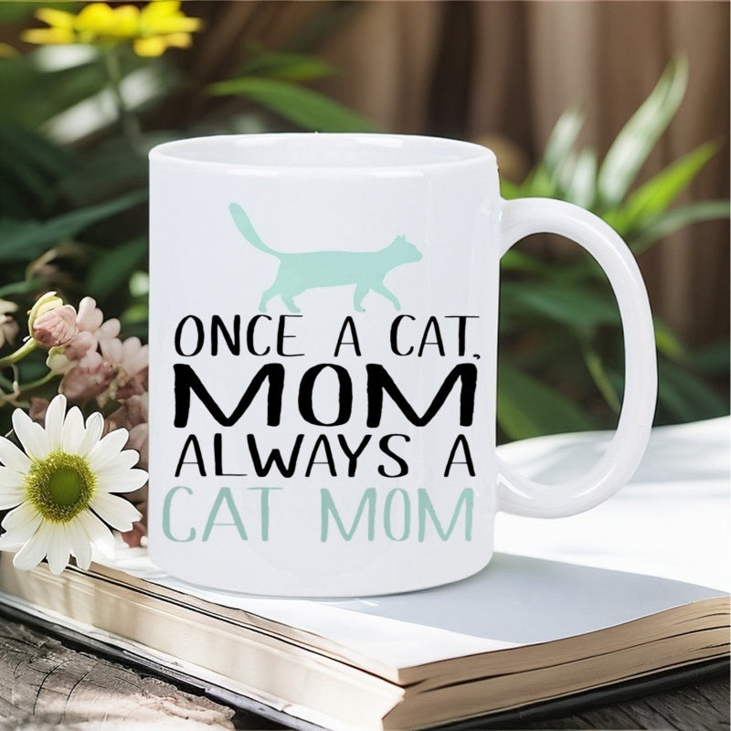 Tailorly White Ceramic 11 oz Mug - Once A Cat Mom Always A Cat Mom Minimalist Mint Green Feline Silhouette Walking Gracefully Across The Surface Cat