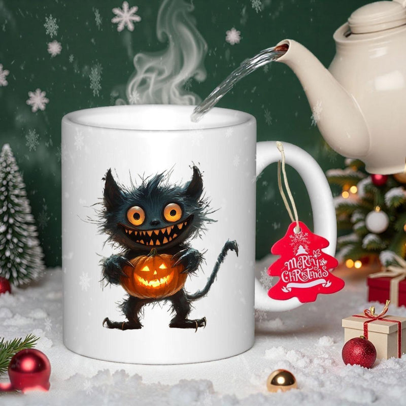 Tailorly White Ceramic 11 oz Mug - Merry Christmas Fuzzy Black Spooky Creature Holding Glowing Halloween Pumpkin Under Winter Snow Monster