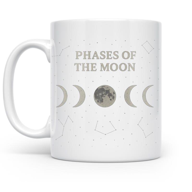 Tailorly White Ceramic 11 oz Mug - Phases Of The Moon Various Lunar Cycles Among Faint Constellations And Tiny Glistening Stars Moon