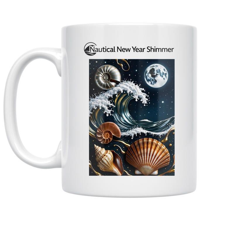 Tailorly White Ceramic 11 oz Mug - Nautical New Year Shimmer Shimmering Ocean Waves Under Moonlight With Various Detailed Golden Seashell Shell