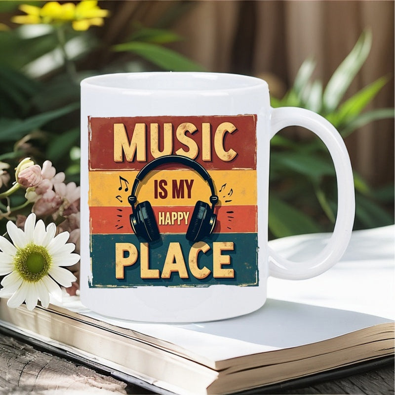 Tailorly White Ceramic 11 oz Mug - Music Is My Happy Place Colorful Vintage Sunset Stripes With Professional Studio Headphones Mug
