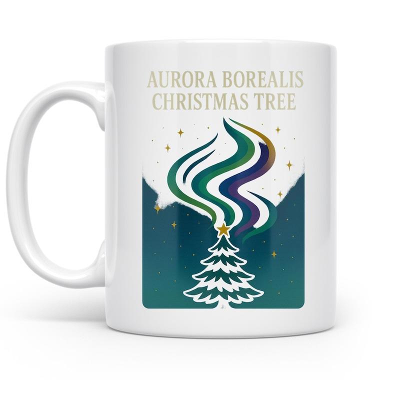 Tailorly White Ceramic 11 oz Mug - Aurora Borealis Christmas Tree Swirling Vibrant Northern Lights Glowing Above A Snowy Starry Forest Tree