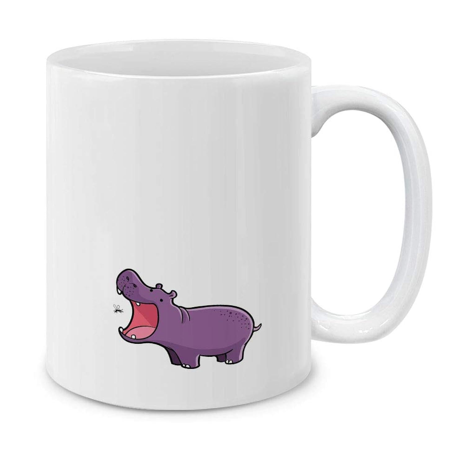 Tailorly White Ceramic 11 oz Mug - Adorable Cartoon Purple Hippo With Wide Open Mouth Standing In Calm Pose Hippo