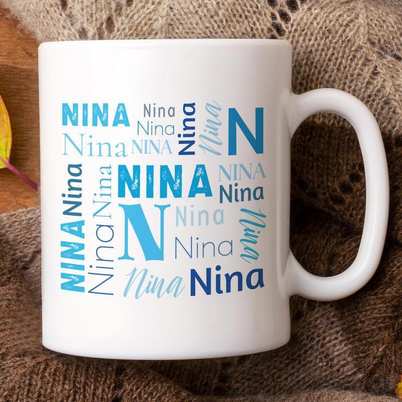 Tailorly White Ceramic 11 oz Mug - Nina Minimalist With Scattered Blue Typographic Font Style Mug