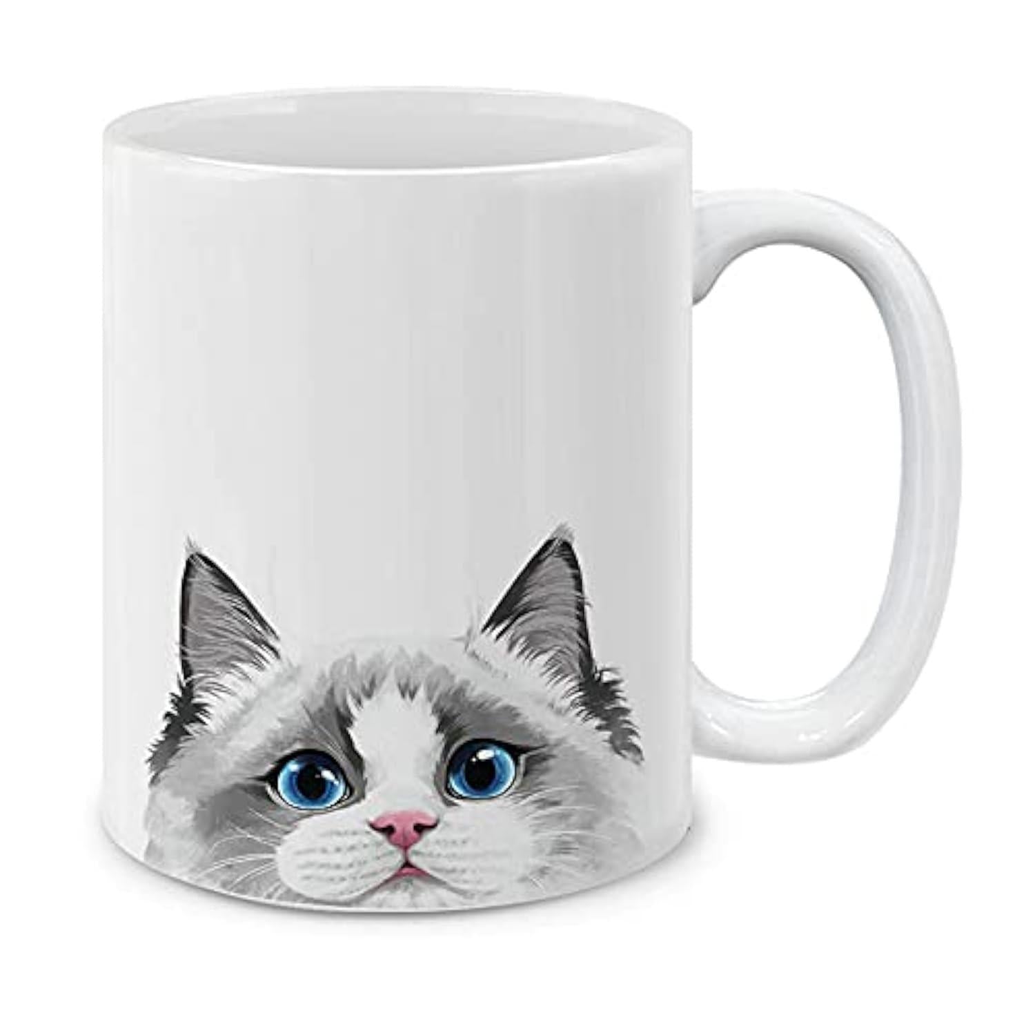 Tailorly White Ceramic 11 oz Mug - Adorable Ragdoll Face With Blue Eyes Peeking From Bottom