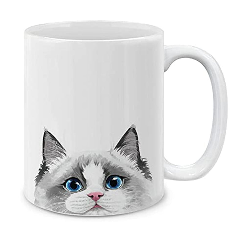 Tailorly White Ceramic 11 oz Mug - Adorable Ragdoll Face With Blue Eyes Peeking From Bottom