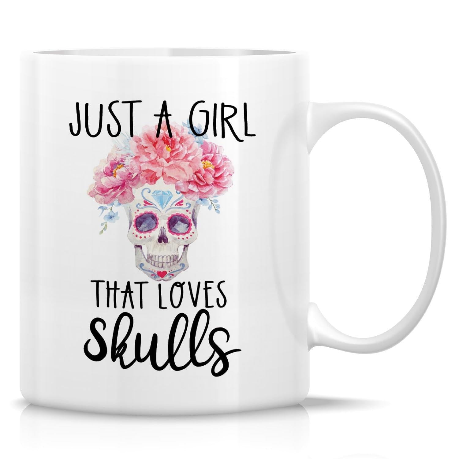 Tailorly White Ceramic 11 oz Mug - Just A Girl That Loves Skulls Intricate Artistic Floral Pattern With Vibrant Blooming Peonies Adorning A Decorative Skull