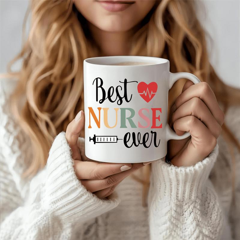 Tailorly White Ceramic 11 oz Mug - Best Nurse Ever Vibrant Stylized Lettering With Red Heart And Medical Syringe Mug