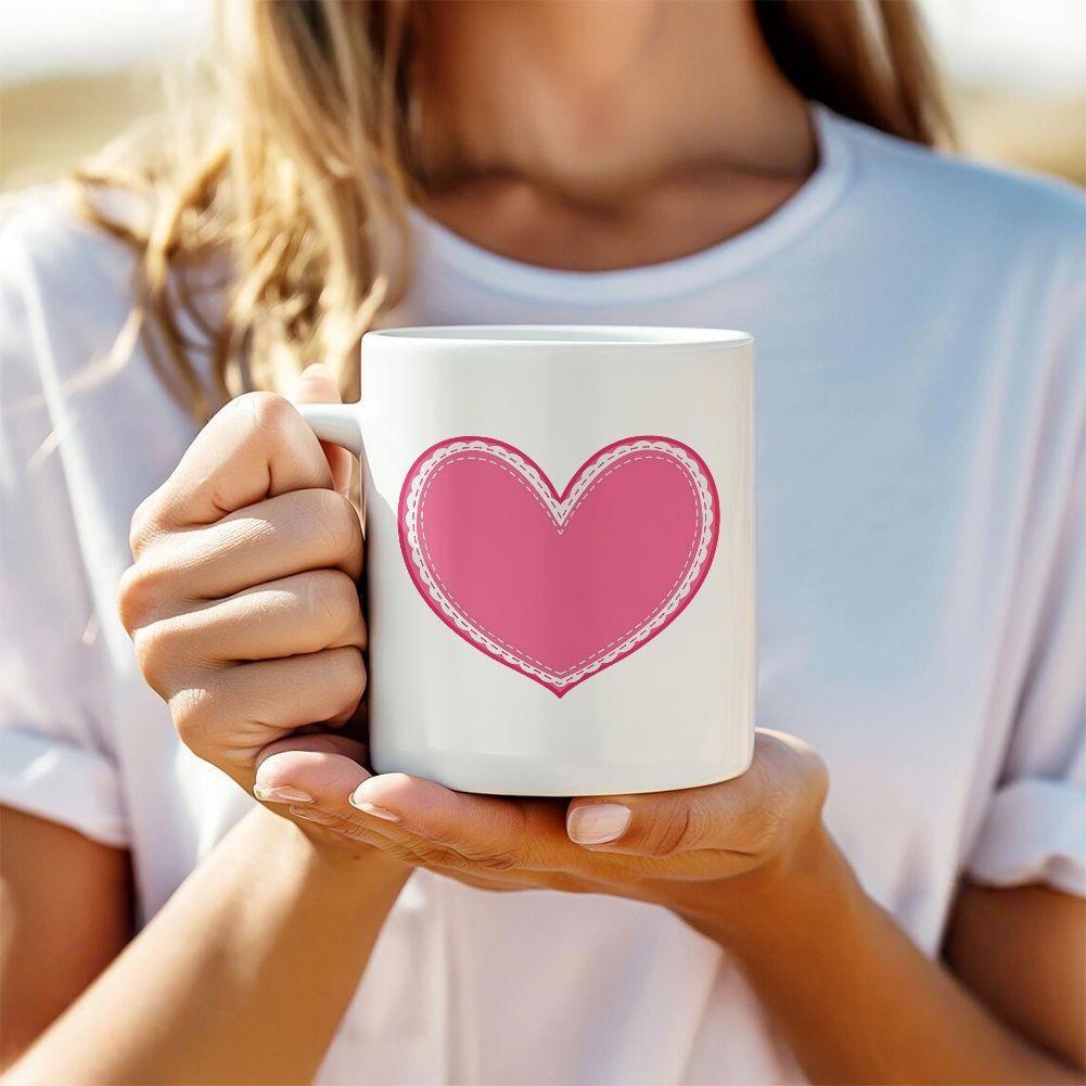 Tailorly White Ceramic 11 oz Mug - Vibrant Pink Stitched Heart Set Against Clean Heart