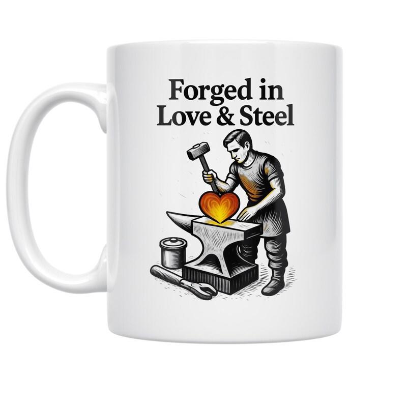Tailorly White Ceramic 11 oz Mug - Forged In Love Steel Strong Blacksmith Forging A Glowing Heart Over A Heavy Metal Anvil Blacksmith